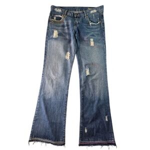 Chip & Pepper Distressed Flare Jeans Womens 28 Blue‎ Y2K Low Rise Boho Grunge